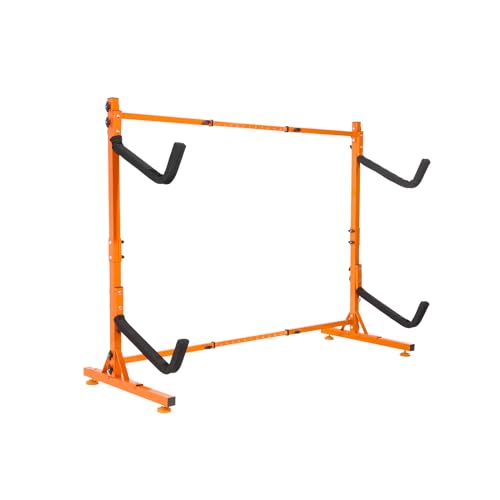 VEVOR Kayak Storage Rack, Heavy Duty Adjustable Freestanding Stand with Lockable Wheels for Indoor Outdoor Garage Shed Dock, Holder for Canoe, SUP, Surfboard & Paddleboard - style: Freestanding-2 Kayaks-orange