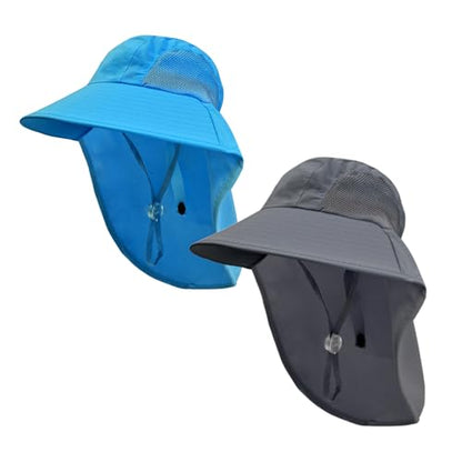 Rosoz Kids Sun Hat with Neck Flap UV Protection Summer Toddler Beach Hat Unisex Ponytail Hat Wide Brim Fishing Hat - color: 2pack-blue+dark Grey