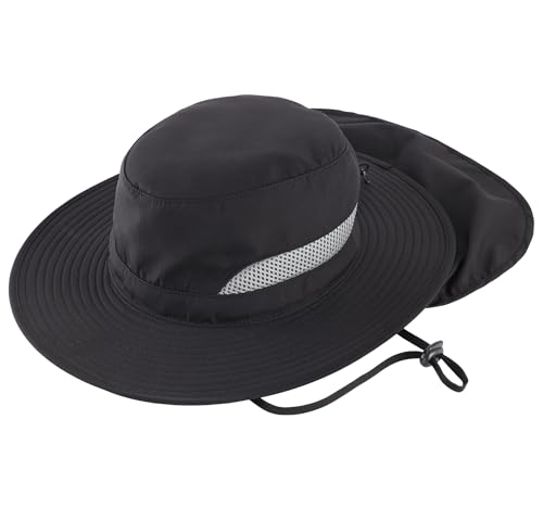 Connectyle UPF 50+ Wide Brim Sun Hat for Men Women UV Protection Fishing Hat with Neck Flap Outdoor Safari Bucket Hiking Hats - color: Black