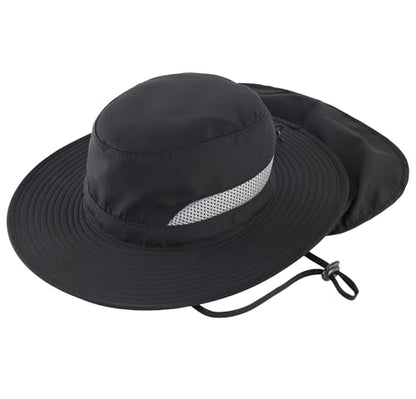 Connectyle UPF 50+ Wide Brim Sun Hat for Men Women UV Protection Fishing Hat with Neck Flap Outdoor Safari Bucket Hiking Hats - color: Black