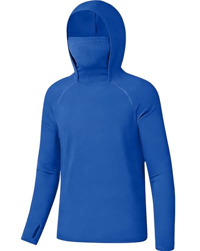 Boys Hooded Fishing Shirt with Mask, Kids UPF 50+ Long Sleeve Rash Guard Hoodie, Sun Protection Beach Swim Shirts - color: Blue, size: X-Small