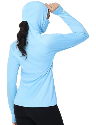 isnowood Women's Sun Protection Hoodie UPF 50+ Hiking Fishing Shirt, Long Sleeve UV Rash Guard with Face Mask Lightweight - color: Light Blue, size: Small