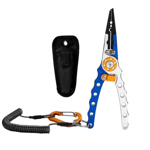 Fishing Pliers with Sheath and Lanyard, 5.8" Aluminum Alloy Hook Remover & Line Cutter, Saltwater Braided Line Cutters for Boat, Fly & Ice Fishing, Split Ring Pliers Tool (blue-silver) - color: Blue-silver