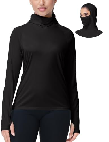 isnowood Women's Sun Protection Hoodie UPF 50+ Hiking Fishing Shirt, Long Sleeve UV Rash Guard with Face Mask Lightweight - color: Black, size: Medium