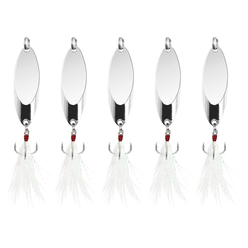 Fishing Spoons Fishing Lures Casting Spoon Metal Jig Lure Trout Lures for Freshwater/Saltwater, Reflective Spoons Bait with Treble Hooks Fishing Tackle 5 Pcs - color: Sliver (5pcs), size: 11/16oz