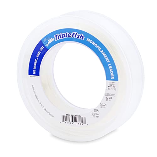 Triple Fish Monofilament Fishing Leader - Clear, Camo Strong Tough Leader Material for Big Game Fishing, Up to 400lb Test - color: Clear, style: 400 Lb Test, 2.00 Mm Dia, 50 Yd