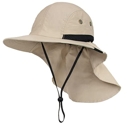 SUN CUBE UPF50+ Sun Hat for Men Women with Neck Flap, Wide Brim UV Protection Fishing Safari Hat for Hiking Beach Gardening - color: Tan