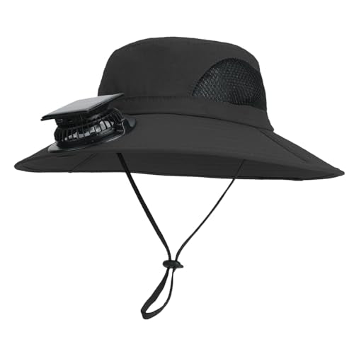 Extra Wide Brim Solar Fan Hat, Mens Fishing Hat with Fan, Neck Flap Sun Hat, UPF 50+ Solar Powered Cooling Cap Fisherman Hats - color: Black