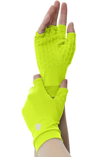 Men's Women's SPF Fingerless Gloves Mittens Sun Protection Unisex Driving Gloves UPF 50+ With Silicone Gel - color: Neon Green, size: Medium