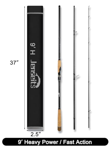 Jenseits Carbon Fiber Fishing Rod Series (6-12 Ft), Spinning & Casting Rods with Stainless Steel Ceramic Guides, Fast Action Fishing Pole for Bass, Trout, Walleye & Surf Fishing - size: 9'0"-Heavy-Fast-Black, style: Spinning