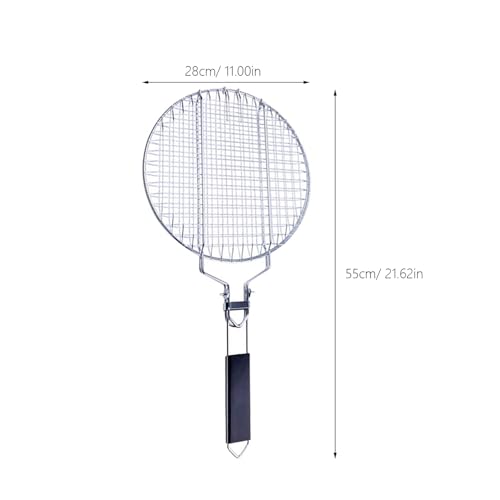 Angoily Grill Basket, Round BBQ Basket Vegetable Roasting Grilling Rack, Portable Stainless Steel Folding Fish Net, Removable Handle Meat Clamp, Outdoor Barbecue Campfire Cookware Accessories