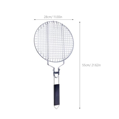 Angoily Grill Basket, Round BBQ Basket Vegetable Roasting Grilling Rack, Portable Stainless Steel Folding Fish Net, Removable Handle Meat Clamp, Outdoor Barbecue Campfire Cookware Accessories