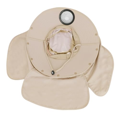 Extra Wide Brim Solar Fan Hat, Mens Fishing Hat with Fan, Neck Flap Sun Hat, UPF 50+ Solar Powered Cooling Cap Fisherman Hats - color: Khaki With Neck Flap