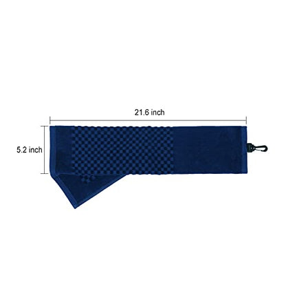 Cotton Golf Towel for Bag With Clip - Tri-fold Towel for Ball, Putter, Club Cleaning - Checkered Pattern Design (Dark Blue) - color: Dark Blue