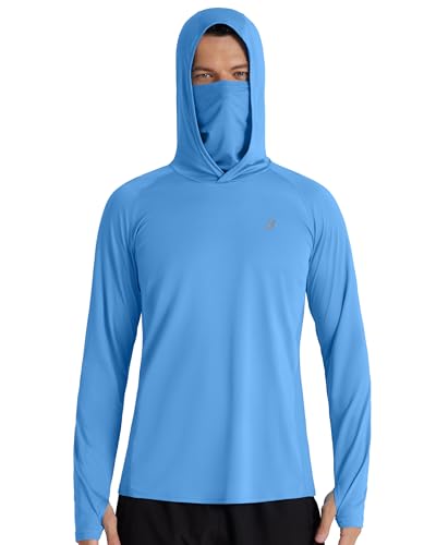 Roadbox Men's UPF 50+ Hooded Fishing Shirts Long Sleeve Sun Protection Hoodie, Hiking Running Swimming Rash Guard with Mask - color: Medium Blue, size: Small