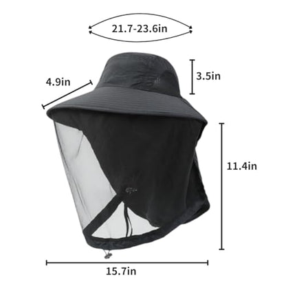 Mosquito Fishing Safari Mesh Net Hat with Neck Flap, Sun Protection Women Men Bug Cap, Hidden Netting Boonie - color: Black