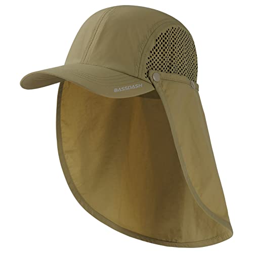 BASSDASH UPF 50+ Foldable Fishing Hat Baseball Cap with Removable Neck Flap Portable for Men Women Golf Hiking - color: Khaki With Unfoldable Brim