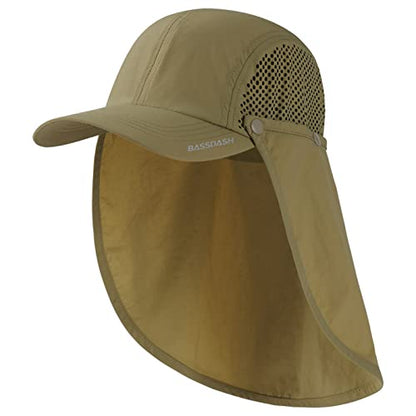 BASSDASH UPF 50+ Foldable Fishing Hat Baseball Cap with Removable Neck Flap Portable for Men Women Golf Hiking - color: Khaki With Unfoldable Brim