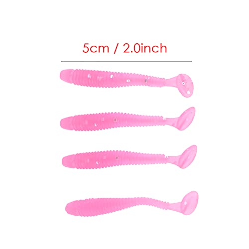 50PCS Fishing Lures Bass Worm Bait, 5cm Soft Plastic Fishing Lures T Tail Grub Worm Baits Fish Tackle Accessory - color: Pink