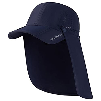 BASSDASH UPF 50+ Foldable Fishing Hat Baseball Cap with Removable Neck Flap Portable for Men Women Golf Hiking - color: Dark Blue With Foldable Brim