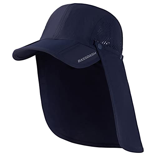 BASSDASH UPF 50+ Foldable Fishing Hat Baseball Cap with Removable Neck Flap Portable for Men Women Golf Hiking - color: Dark Blue With Foldable Brim