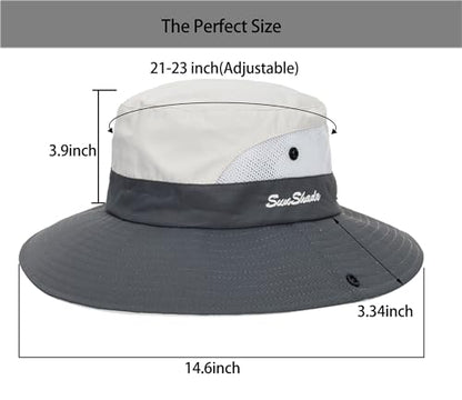Sun Hat for Women Summer UV Protection Beach Hat Wide Brim Mesh Bucket Fishing Hat with Ponytail Hole Foldable Packable Hat - color: Beige Grey(with Ponytail Hole)
