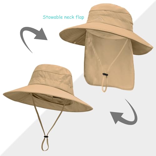 Sun Hats for Men Women, UPF50+ Protection Safari Hat,Wide Brim Fishing Hat with Neck Flap,Bucket Hats for Beach Hiking - color: Khaki