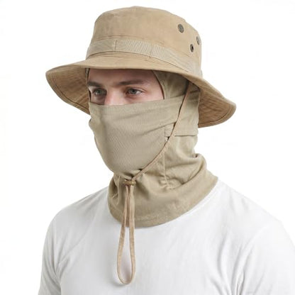 Pistha Sun Hats for Men with Balaclava Face Mask, UV Protection Bucket Hats for Mens Outdoor Fishing Safari Hiking - color: Khaki
