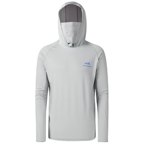 BASSDASH UPF 50+ Men’s Long Sleeve Fishing Shirt with Mask UV Neck Gaiter Hoodie - color: Cool Grey, size: Large