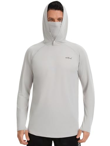 Men's UPF 50+ Sun Protection Hoodie Lightweight Quick Dry Fishing Shirts Long Sleeve Rash Guard with Mask - color: Light Grey, size: X-Large
