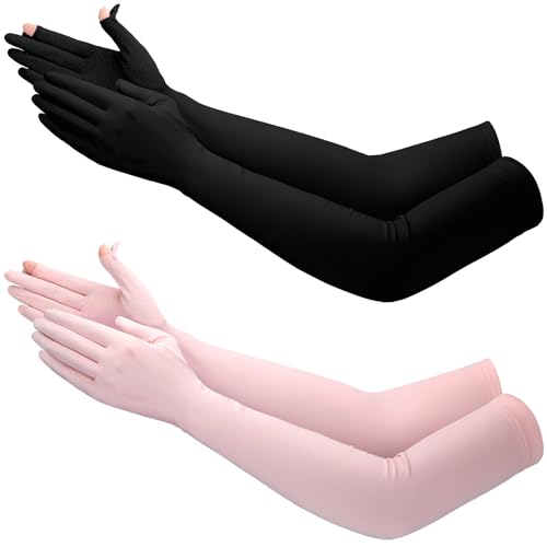 Jecery 2 Pairs UV Long Sun Gloves Women's Sunblock Driving Gloves Non Slip Full Finger Arm Sun Protective for Outdoor Sports - color: Black, Pink