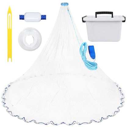 Yeahmart Handmade American Cast Net, 3ft-8ft Radius Casting Net for Saltwater & Freshwater, 3/8 Inch Mesh Monofilament Bait Trap Rust-Proof PVC Coated Sinkers, Easy Throw, Bucket & Repair Kit Included - size: 6ft Radius