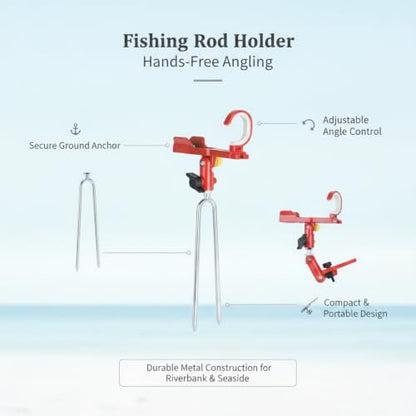 Fishing Rod Holder with Rotatable Head and Ground Spike, Foldable Metal Stake for Riverbank and Beach Angling - color: Red