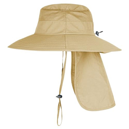 Sun Hats for Men Women Fishing Hat UPF 50+ Breathable Wide Brim Bucket Hats Summer UV Protection Safari Hat with Neck Flap - color: Khaki