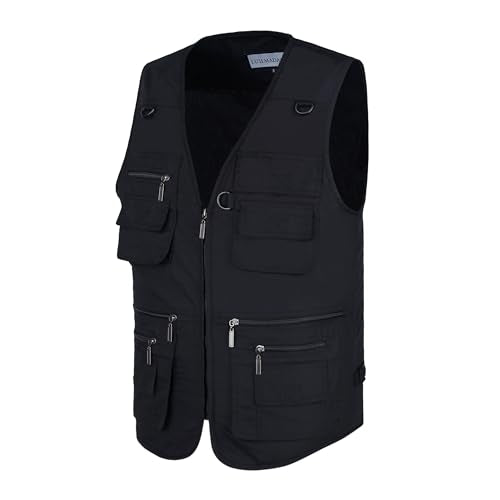 Men's Stone Washed Denim Multi-pocketed Fishing Work Outerwear Vest - color: Pure Black, size: Small