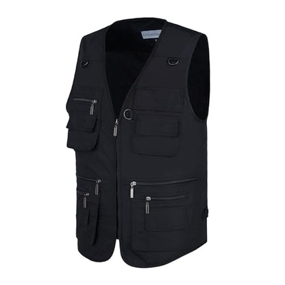 Men's Stone Washed Denim Multi-pocketed Fishing Work Outerwear Vest - color: Pure Black, size: XX-Large