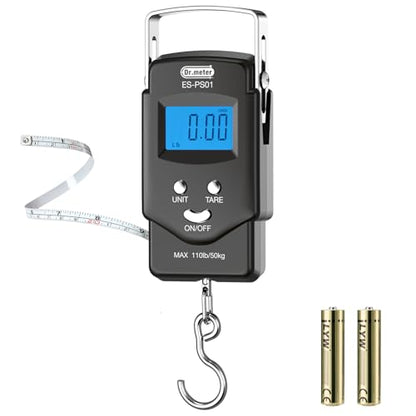 Dr.meter Fish Scale Luggage Scale Fishing Gear - 110lb Backlit LCD Display Digital Scale with Built-in Measuring Tape - Fishing Scale with 2 AAA Batteries, Pocket Size - Fishing Gifts for Men - color: Black