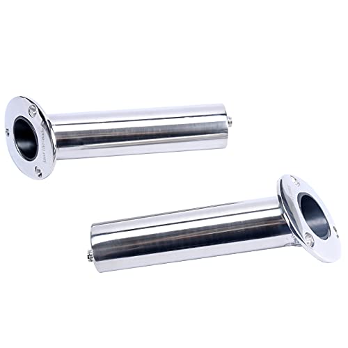 (Set of 2) Amarine-Made Heavy Duty Stainless Steel 316 Deluxe Rod Holders with Drain, Flush Mount Fishing Rod Pole Holders, 30 Degree | Polished Heavy Duty Stainless Steel, Directed Drain Prevents Boat Hull Water Damage, Long Service Life, Low Replacement