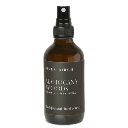 River Birch Mahogany Woods Scented Linen and Room Spray | Home Fragrance | 4 oz Glass Amber Bottle | Luxury Signature Scent | Handmade in Texas - color: Mahogany Woods