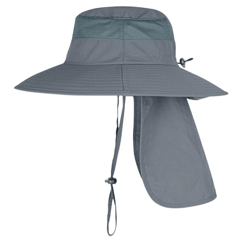 Sun Hats for Men Women Fishing Hat UPF 50+ Breathable Wide Brim Bucket Hats Summer UV Protection Safari Hat with Neck Flap - color: Dark Grey