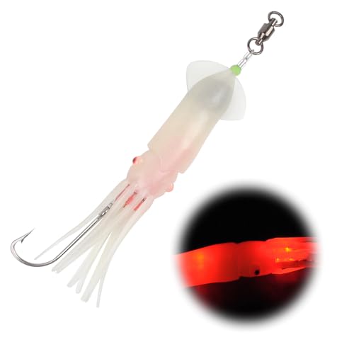 Dr.Fish Saltwater Squid Fishing Lures, 6" LED Lighted Lures 6/0 Hooks Squid Jig Rig Halibut Lincod Jig Offshore Trolling Baits Deep Drop Light Glow in Dark Mackerel Tuna Striper Lures - color: Red LED, size: 6/0 J Hook-6"(2.5oz)