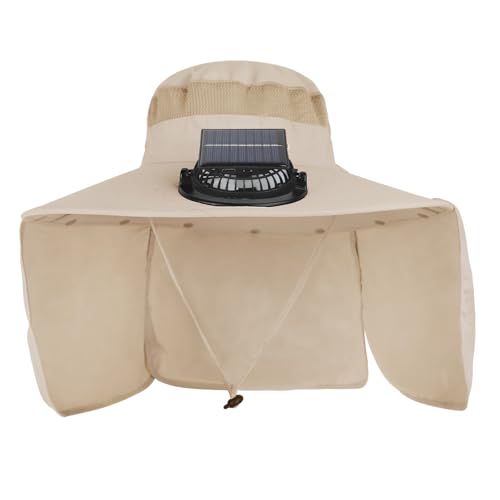 Extra Wide Brim Solar Fan Hat, Mens Fishing Hat with Fan, Neck Flap Sun Hat, UPF 50+ Solar Powered Cooling Cap Fisherman Hats - color: Khaki With Neck Flap