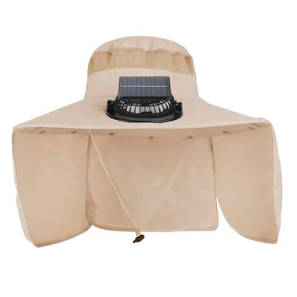 Extra Wide Brim Solar Fan Hat, Mens Fishing Hat with Fan, Neck Flap Sun Hat, UPF 50+ Solar Powered Cooling Cap Fisherman Hats - color: Khaki With Neck Flap