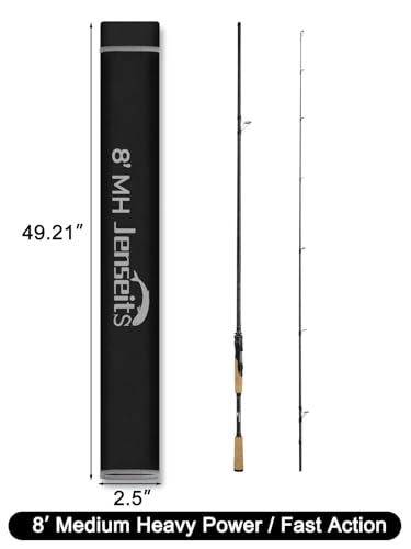 Jenseits Carbon Fiber Fishing Rod Series (6-12 Ft), Spinning & Casting Rods with Stainless Steel Ceramic Guides, Fast Action Fishing Pole for Bass, Trout, Walleye & Surf Fishing - size: 8'0"-Medium Heavy-Fast-Black, style: Spinning