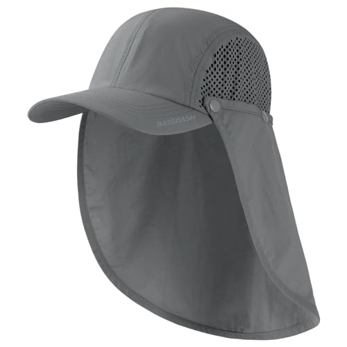 BASSDASH UPF 50+ Foldable Fishing Hat Baseball Cap with Removable Neck Flap Portable for Men Women Golf Hiking - color: Light Grey With Unfoldable Brim