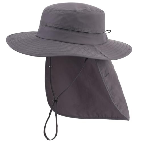 Connectyle Wide Brim Sun Hat for Men Women UPF 50+ Breathable Fishing Hat with Neck Flap Outdoor Hiking Safari Bucket Hats - color: Dark Grey