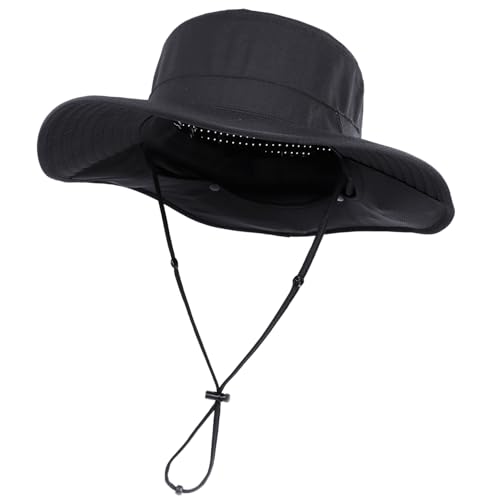 Connectyle Men's Wide Brim Sun Hat with Neck Flap UPF 50+ Packable Breathable Boonie Bucket Hat for Fishing Hiking Safari - color: Black