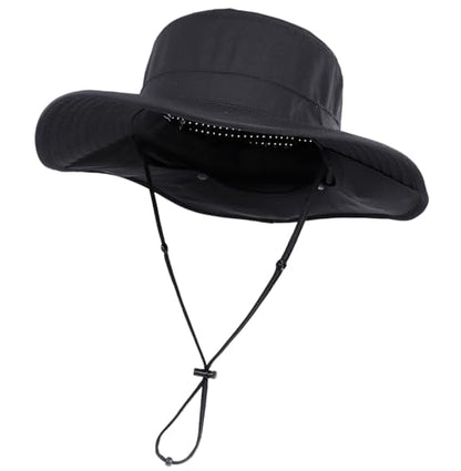 Connectyle Men's Wide Brim Sun Hat with Neck Flap UPF 50+ Packable Breathable Boonie Bucket Hat for Fishing Hiking Safari - color: Black