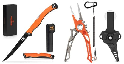 KastKing Folding Fillet/Fishing/Camping/Hunting Knife and 7.5” Aluminum Saltwater Fishing Pliers, Includes Sheath