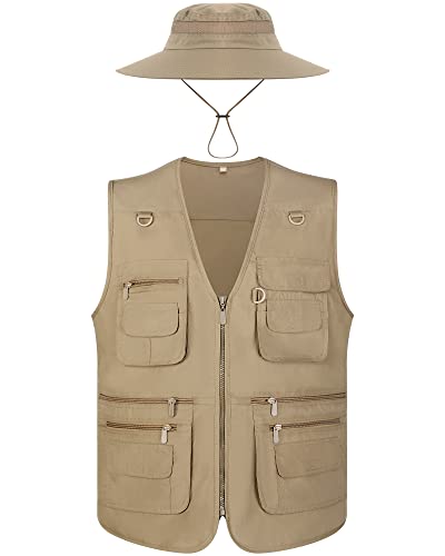 Janmercy 2 Pieces Men's Work Fishing Vest with Hat Lightweight Safari Travel Hunting Waistcoat With Multi Pockets Fishing Hat - color: Dark Khaki,, size: Small
